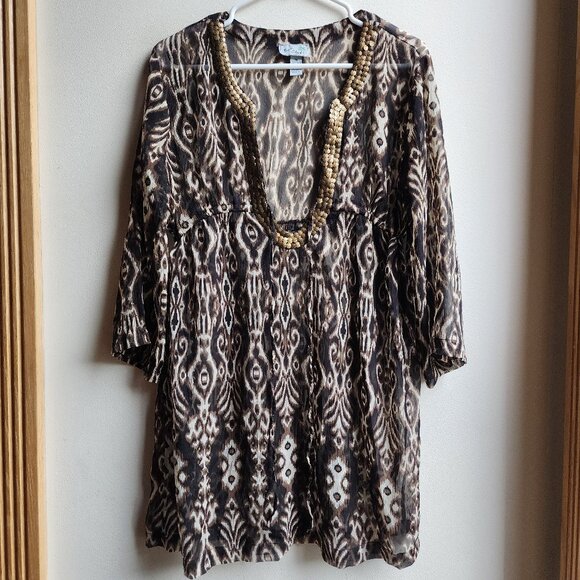 Bali Club Brown/Cream Native Tropical Print Tunic Size Medium - Picture 6 of 14